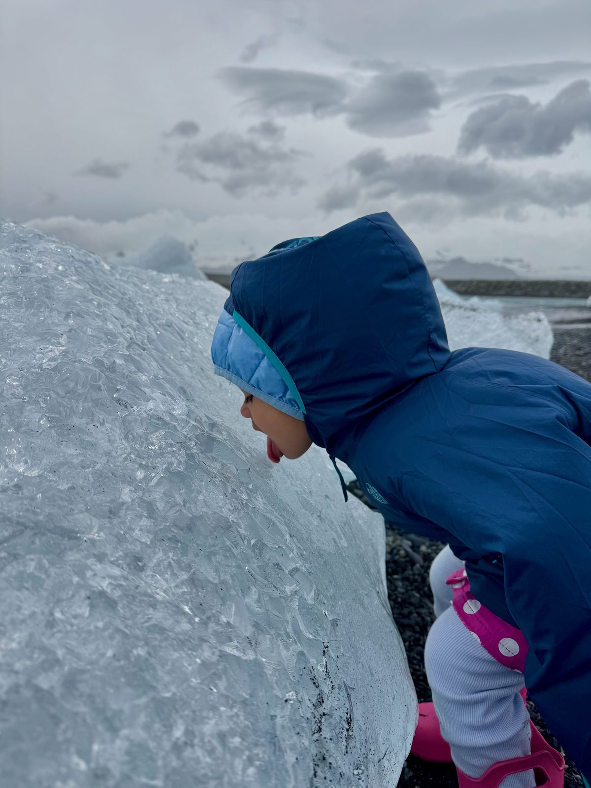 Toddler in a rain jacket sticking out her tongue at a block of glacier ice near Jökulsárlón