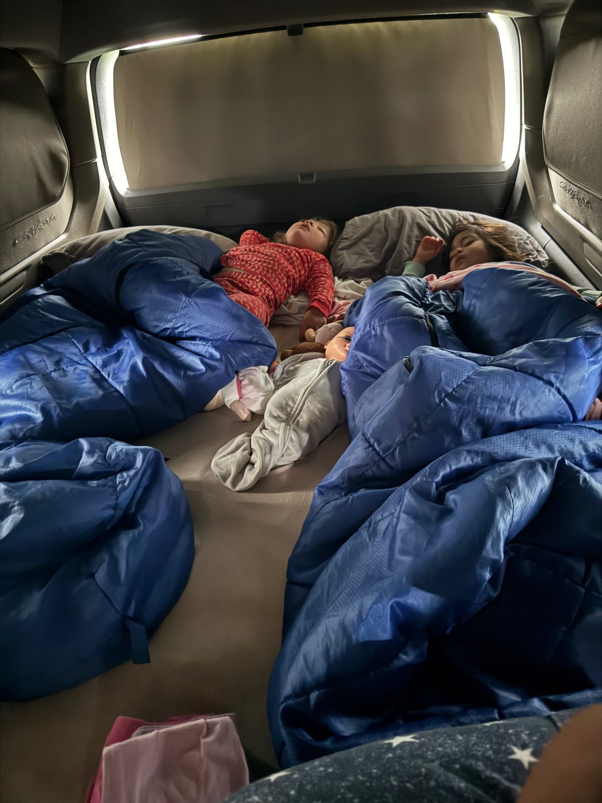 Two toddlers asleep in sleeping bags inside the camper van in Iceland
